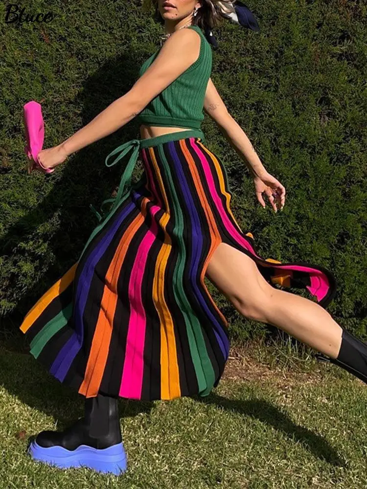 

Women Sexy Crop Top Contrast Pleated Skirt Set 2022 Female Spring Green Knit Slim Sleeveless Vest Lace Up Skirt Two Piece Set