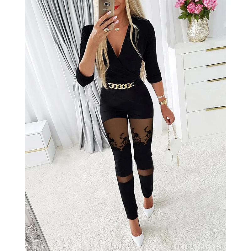 Divasily 2022 Chain Decor Contrast Mesh Long Sleeve Jumpsuit Women Casual Long Pants Overalls
