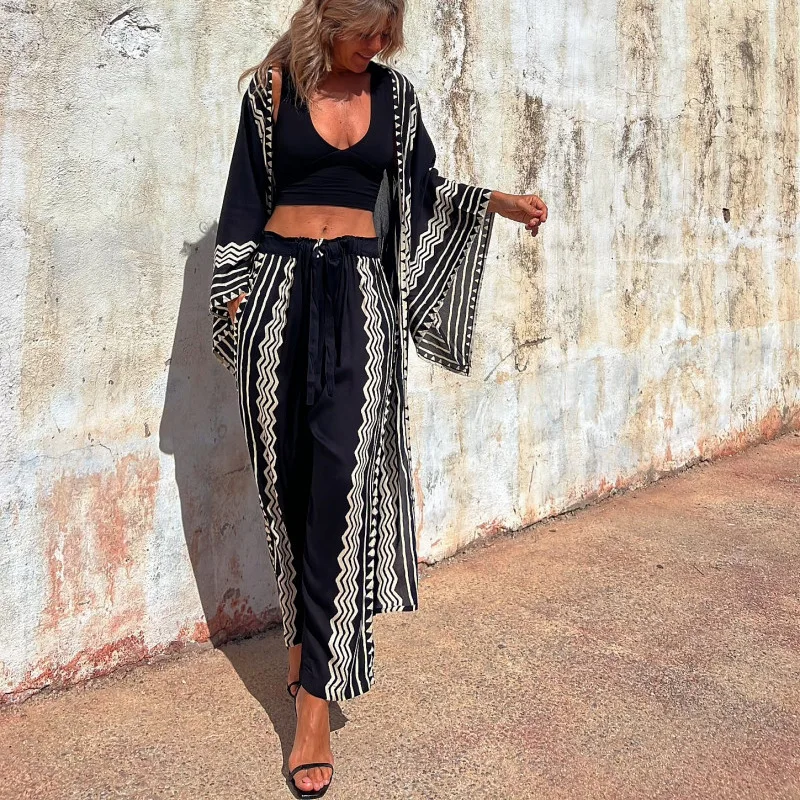 

Women Geometry Print Elastic Waist Pants Summer Casual High Waist Straight Trousers Fashion Harajuku Loose Drawstring Long Pants