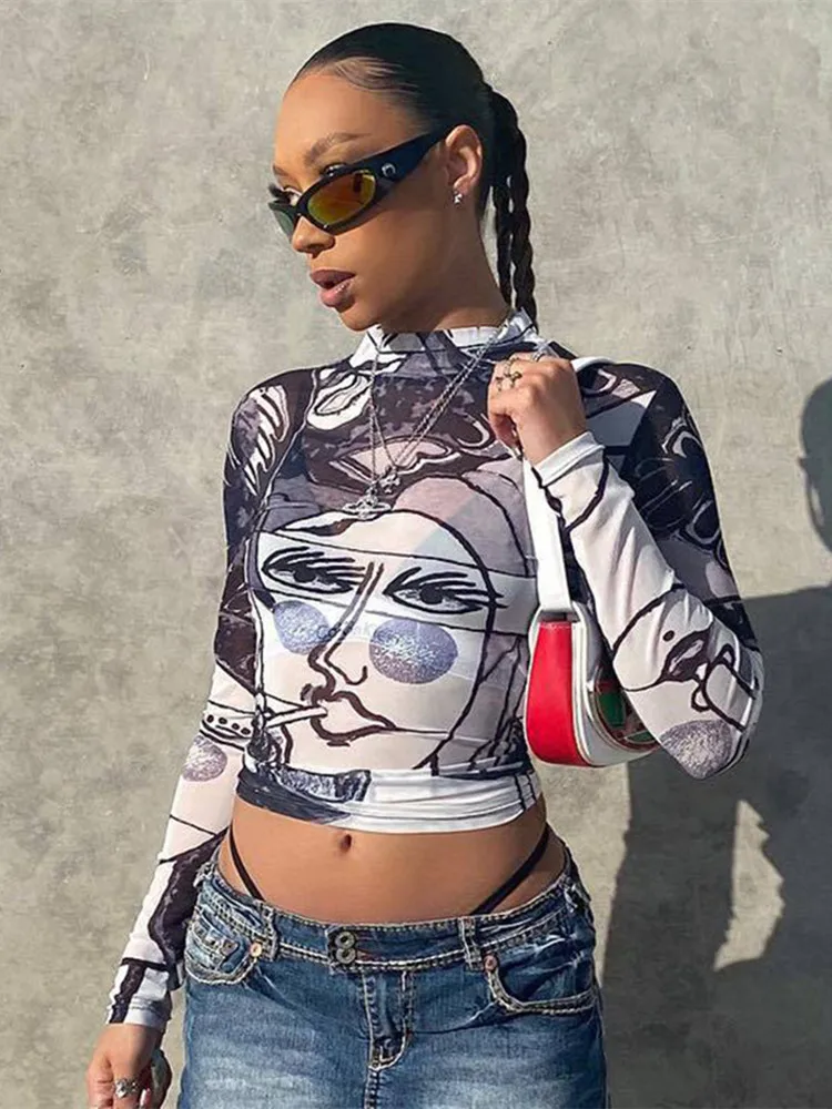

Casual Pattern Mesh Fabric T-shirt Top Fashion Clothing Gauze Long Sleeve Ropa De Mujer Y2k Aesthetic Streetwear Women Clothes
