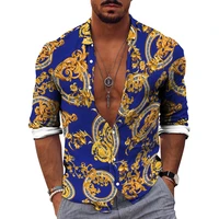 spring autumn 3d print shirt retro pattern top fashion party wear cardigan single breasted casual daily mens lapel long sleeve