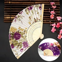chinese style fan vintage fabric bamboo folding hand held lotus fan dance wedding party girl women photography prop cooling fan