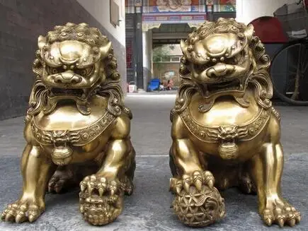 

China regius Pure Brass Door talisman Fu Foo Dog Evil Guardian Lion statue Pair