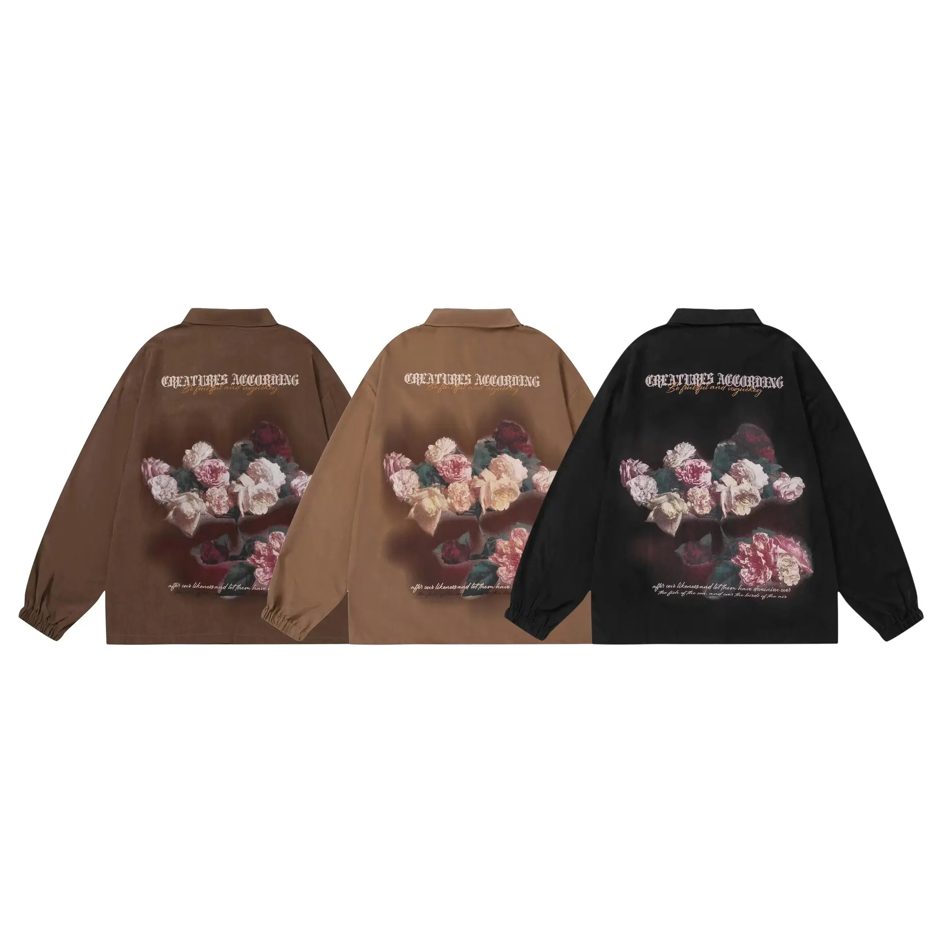 Original tide brand European and American high street floral print long-sleeved shirt men's and women's hip-hop loose top 2022