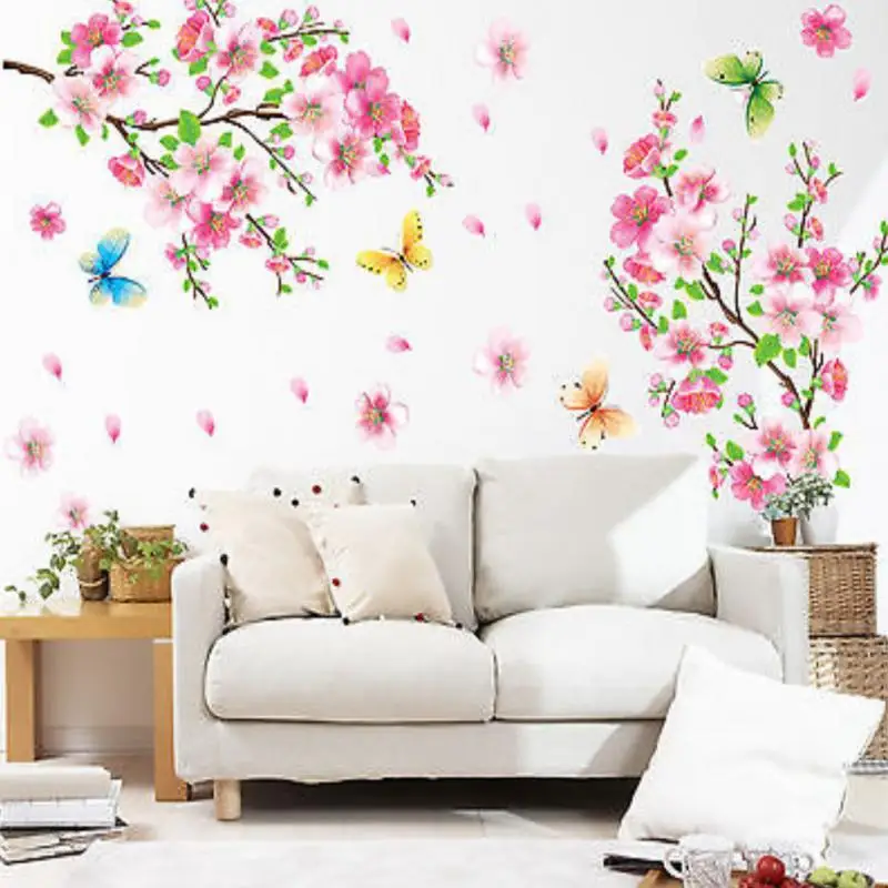 

3D Pink Removable Peach Plum Cherry Blossom Flower Butterfly Vinyl Art Decal Wall Home Sticker Room Decor