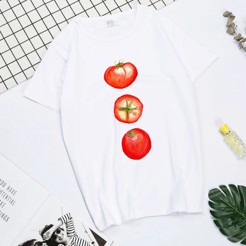 

Tomatoes Vegetables And Fruits Harajuku Print T Shirt Women Summer Women T-shirts Tops Base O-neck White Tee short slever Girl