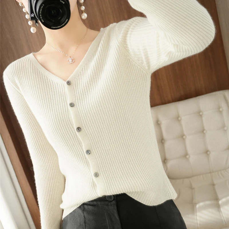 Vneck Cardigan Women's Jacket Short Slim Solid Color Autumn And Winter All-Match Button Air-Conditioning Knitted Bottoming Shirt