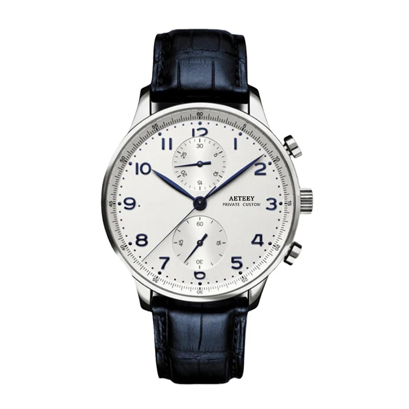 

Quartz Chronograph Men Watch Pilot Rose Gold Black Blue Brown Leather Strap