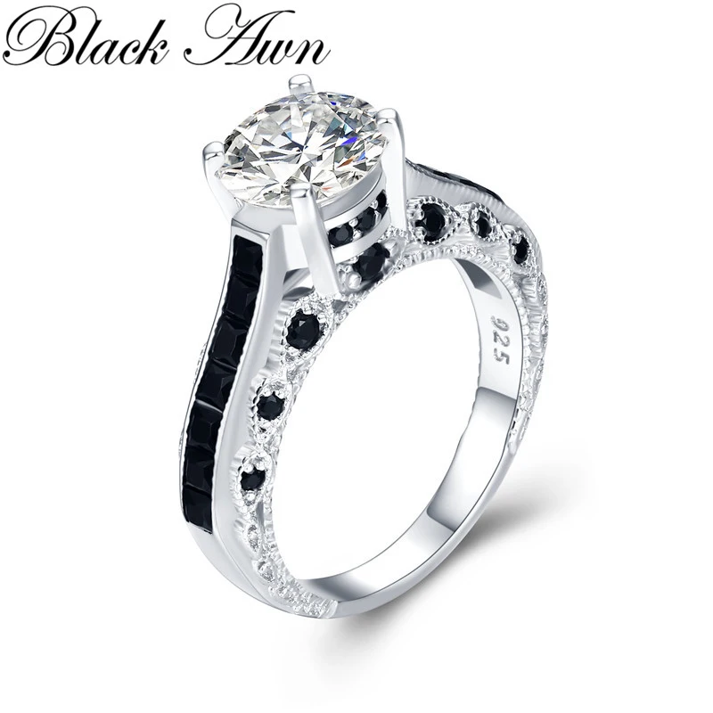 

[BLACK AWN] Silver Color Ring Black Spinel Round Finger Elegant Rings for Women Fashion Jewelry Gift G015