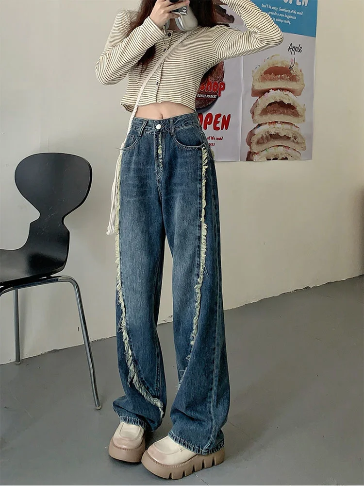 

Patchwork Tassel Design Women Harajuku Jean Trousers 2023 Autumn Winter High Waist Loose Wide Leg Denim Pants Female Streetwear