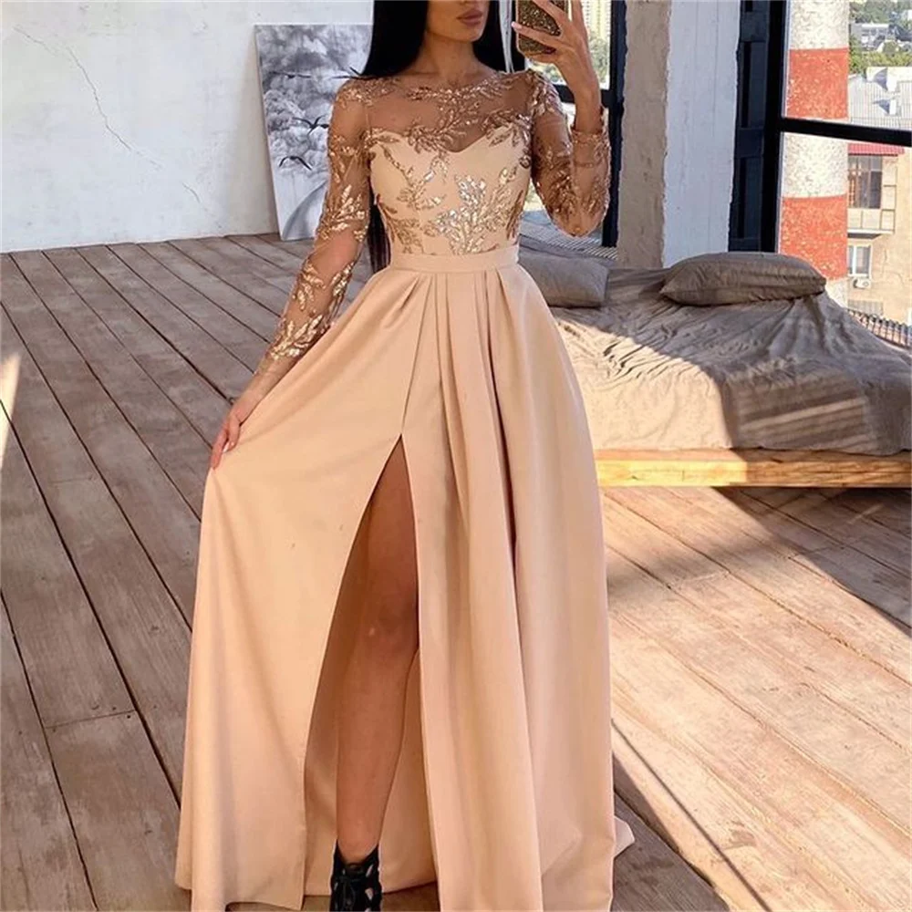 Women Fashion Prom Evening Dress Sequined Hollow Lace-up O-neck Long Sleeve Party Dress Elegant Sexy High Split Formal Dresses