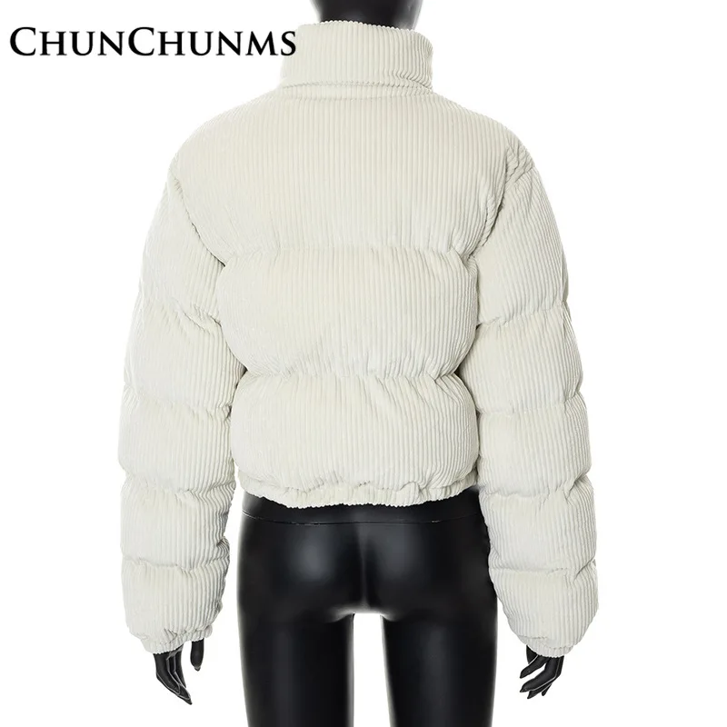 2022 Winter Corduroy Warm Cotton Down Jacket Women Fashion High Collar Long Sleeve Zipper Parkas Coat Puffer Bread Outfit Street