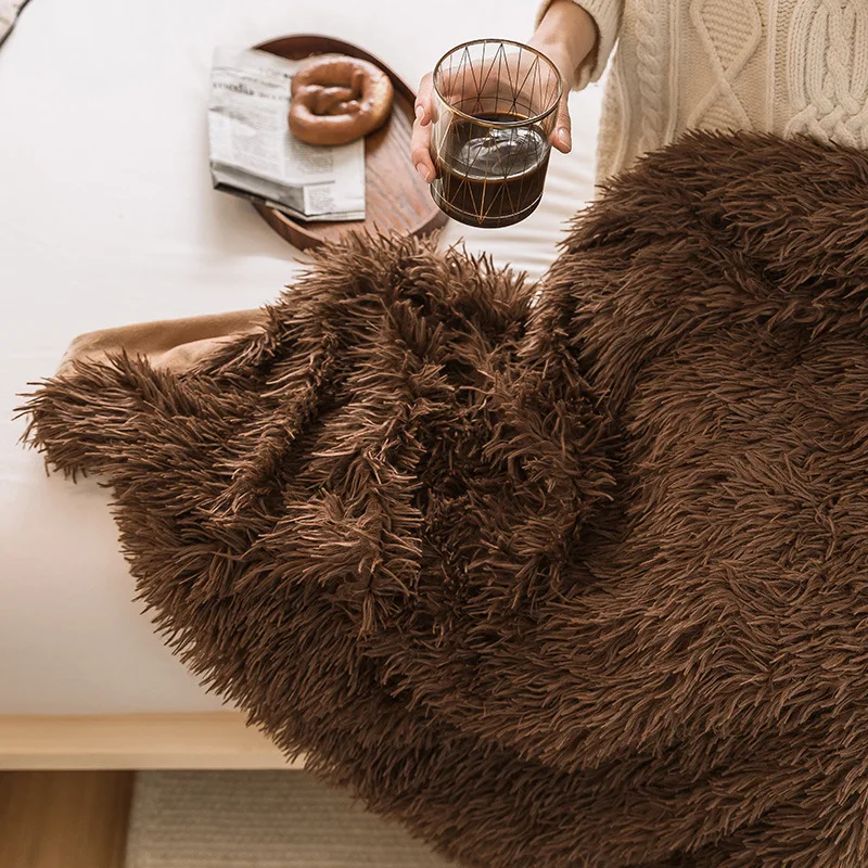 Фото Brown/Green/Pink Soft Faux Fur Throw Blanket Sherpa Blanket Warm Cozy Bedspread Fluffy Sofa Bedding Airplane Hotel Throw Sofa №5