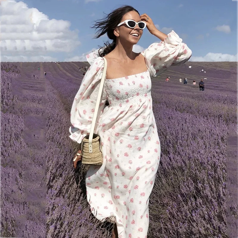 

3/4 Sleeve Rose Flower Print Cotton Vintage White Long Dress Robe Polka Dot Casual Square Collar Maxi Elelagnt Holiday Dress