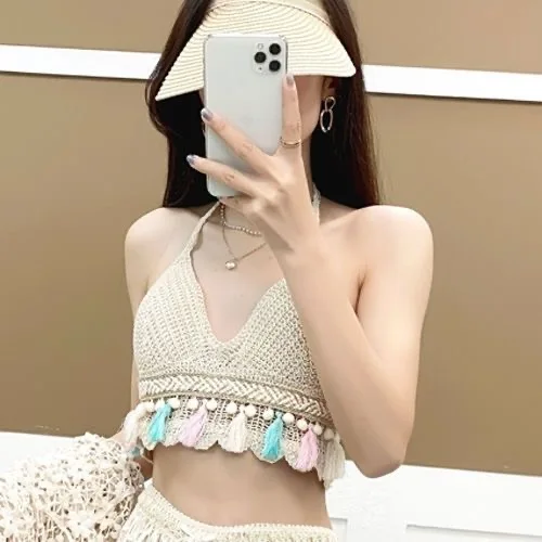 Женское сексуальное бикини с кисточками майка женское вязаное лямкой на шее топы