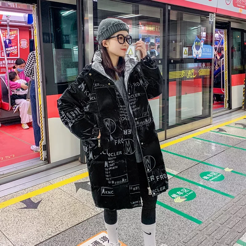 

New2022 Womens Thick Long Parkas Letter Print Loose Casual Winter Jacket Korean Style Puffer Coat Streetwear for Female Fashion