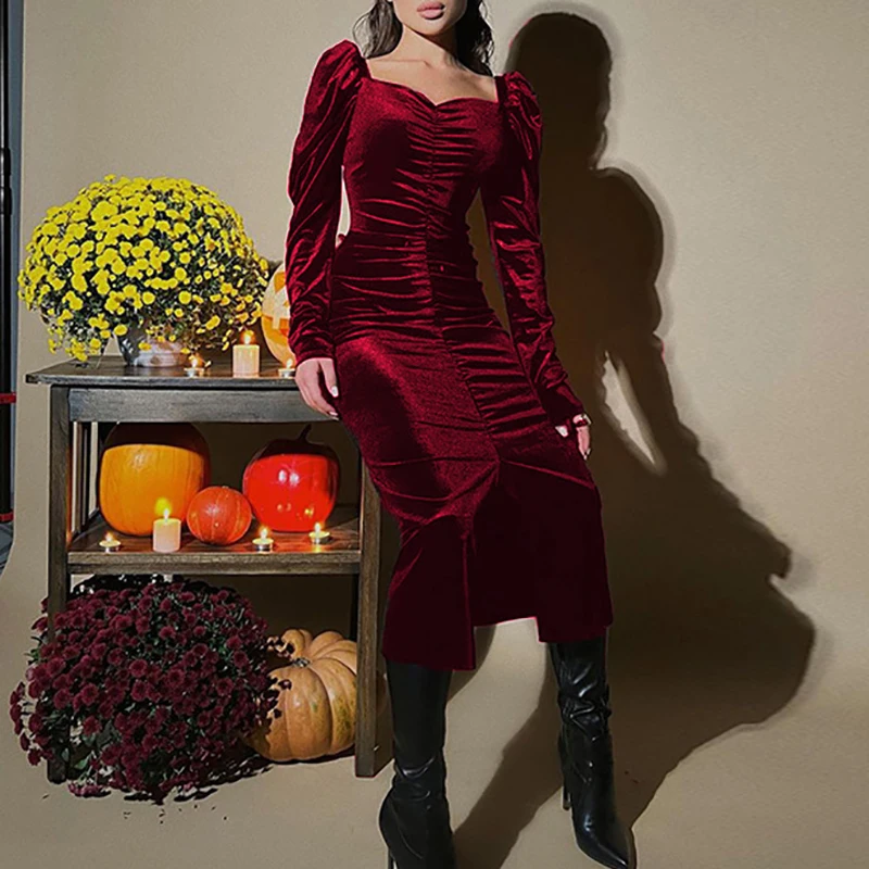 

Elegant Square Neck Draped Velvet Party Dress Women Solid Color Long Sleeve Dress Autumn Spring Fashion Office Split Slim Dress