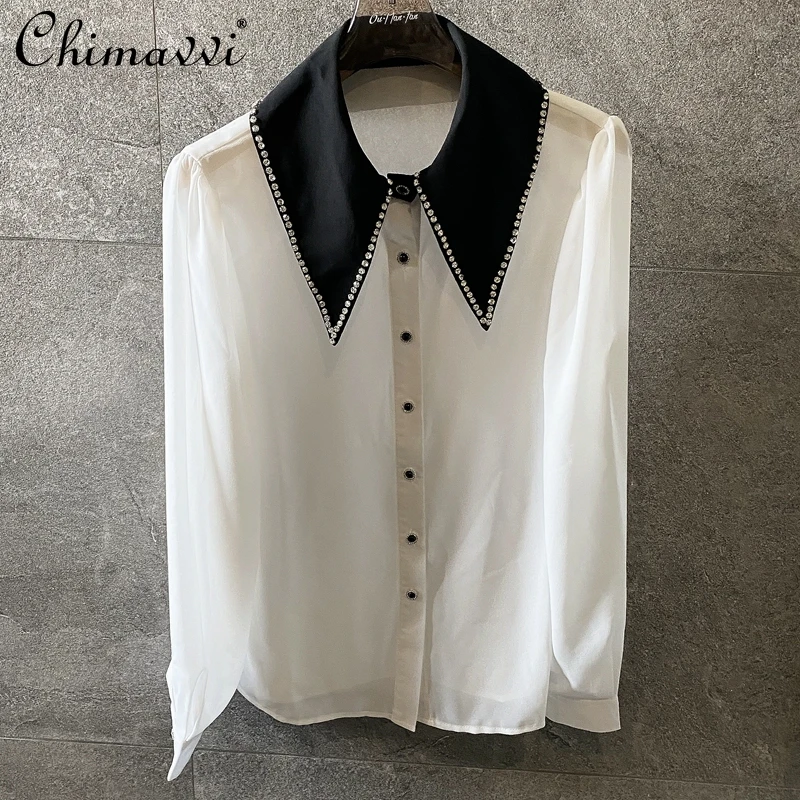 

Heavy Rhinestone Beaded Lapel Color Matching Gem Button Shirt 2022 Spring Fashion Long Sleeve Slim Elegant Chiffon Blouse Women