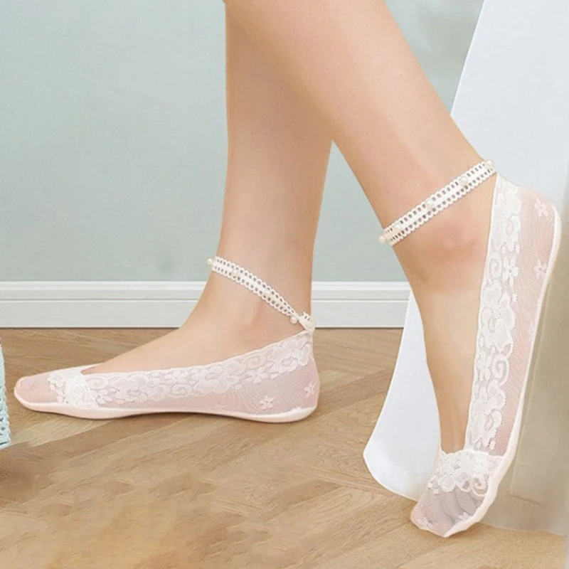 

Fashion Hollow Lace Boat Socks With Bands Women Imitation Pearls Breathable Short Socks Summer Invisible Socks Accessories