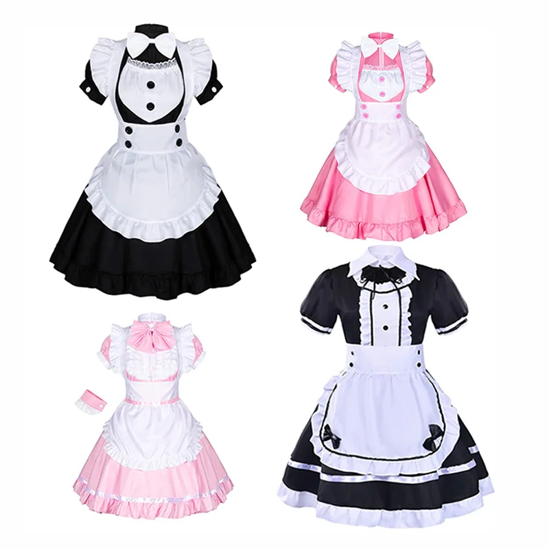 

2022 Sexy Lingerie Lolita Maid Cosplay Costume Women Headwear Apron Fake Collar Bowknot Black Dress Halloween Party Outfit