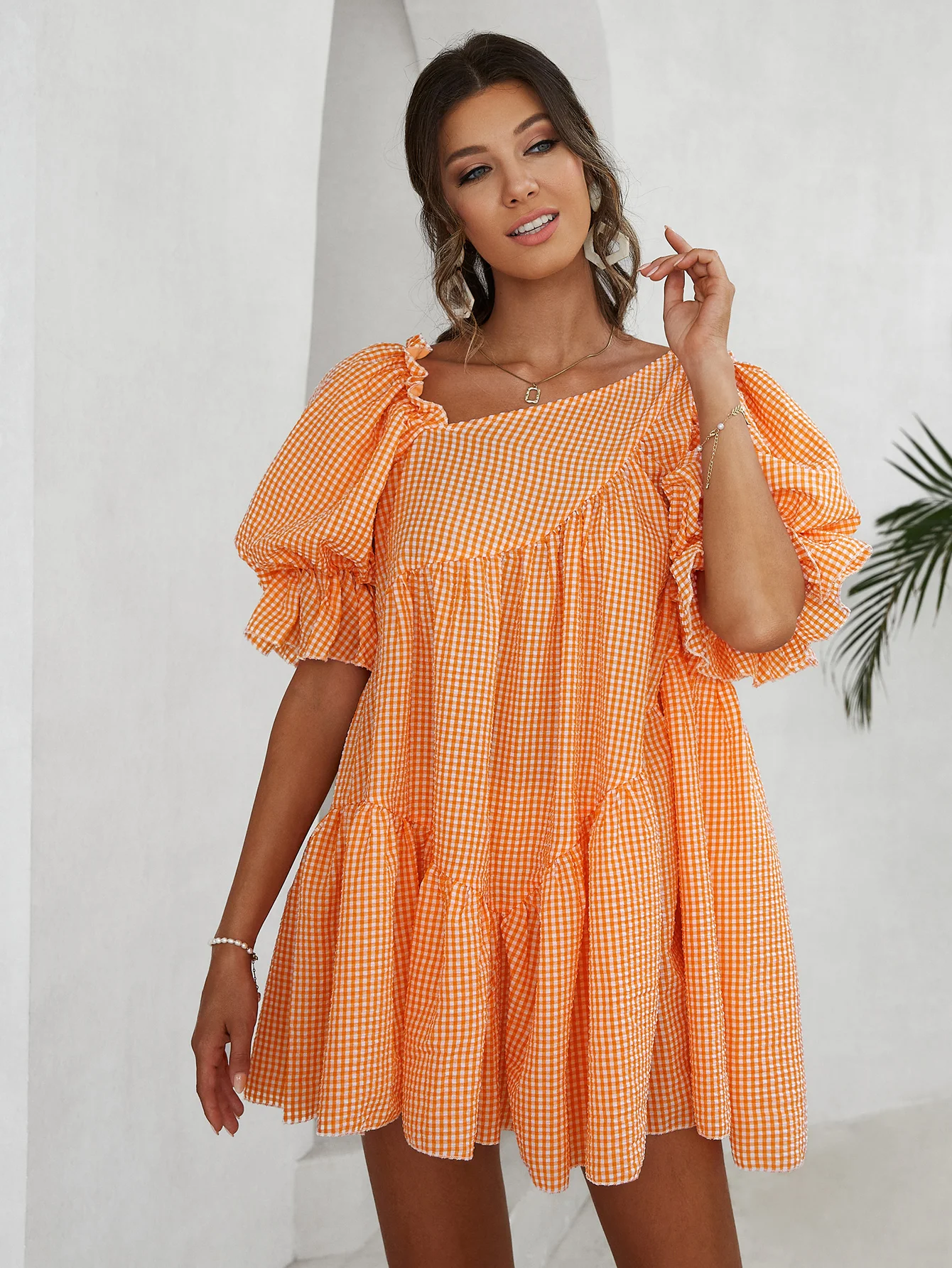 

Simplee Casual big puff sleeve loose smock dress women summer Office one shoulder plaid ruffle mini dresses Sweet frills vestido