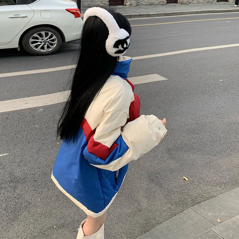 Stand Collar Down Jacket Women's New Winter Thick Cotton Jacket Design Bow Coat Contrast Color White Eiderdown Bread Jacket