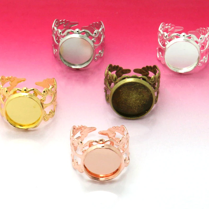 

10pcs 12-20mm Adjustable Art Flower Ring Blank Bezel Setting Tray Cabochons Antique Bronze/Rhodium Silver/Rose-Gold Diy Ornament