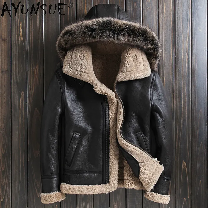 

AYUNSUE Real Fur Coat Winter Jackets for Men 2022 Natural Seepskin Fur Coats Warm Genuine Leather Jacket Hood Detachable SGG687