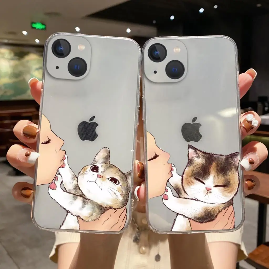 

Cute Cat Phone Case For iPhone 13 12 11 14 Pro Max X XR XS Max 7 8 14 Plus 13Mini Funny Don't kiss me Soft TPU Clear Back case