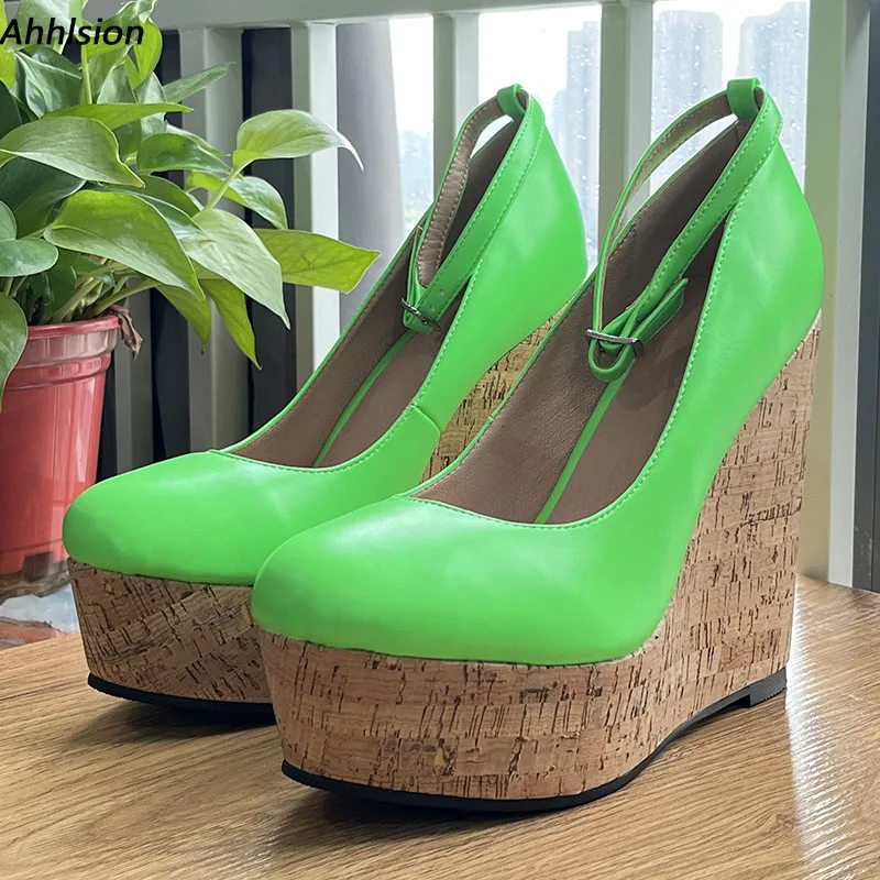 

Ahhlsion Real Photos Women Platform Pumps Comfort Wedges Heels Round Toe Pretty Green Banquet Lady Shoes US Plus Size 5-20