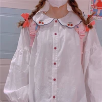 houzhou kawaii lolita shirt women white cherry embroidery peter pan collar sweet long sleeve blouses preppy style loose tops