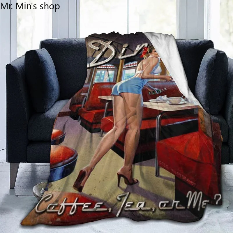 Одеяло в ретро стиле с принтом девушки улыбки для столовой кофе чая микро