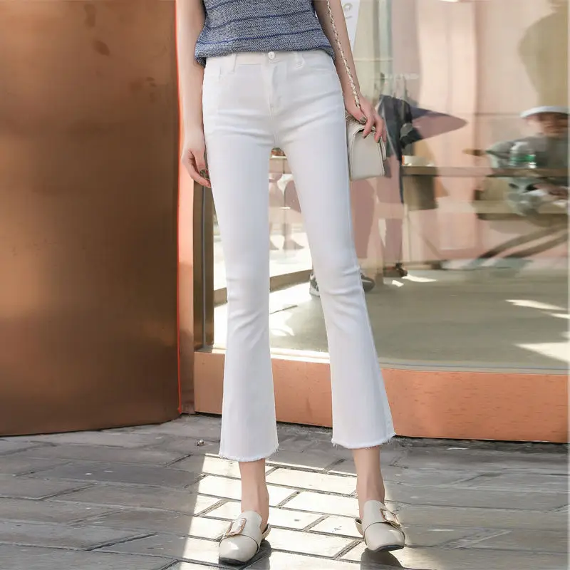Spring Autumn High Waist Elastic Straight Denim Pants y2k Micro-bell Pants Jeans Women Korean Fashion Slim Flares Trouser Casual