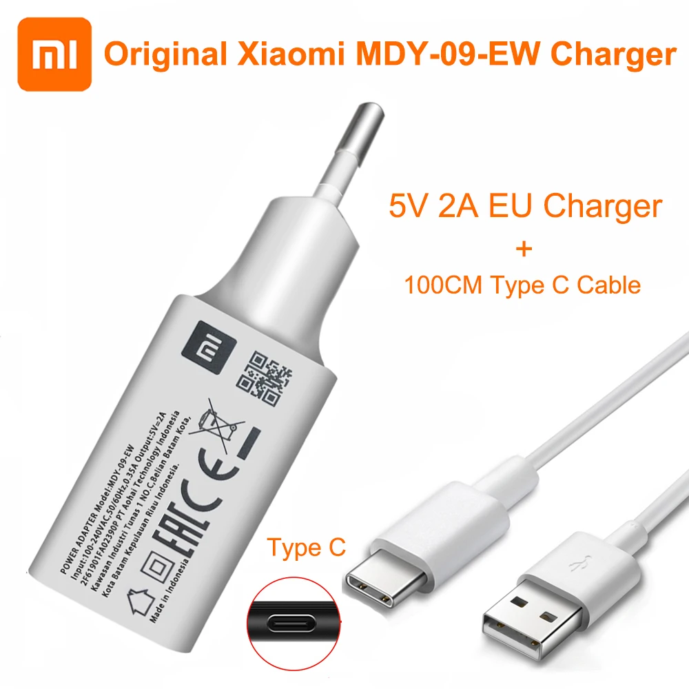 

MDY-09-EW Original Xiaomi USB Charger 5V/2A EU Adapter USB 3.0 TYPE C Data Cable For Mi 5 6 8 9 Redmi Note 7 8 Pro F1 A2 A3 Lite