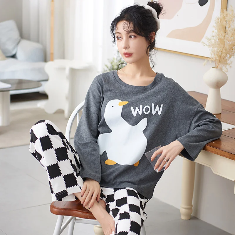 Fashion Homewear Cartoon Pajamas Set Women Sweet Stripe Print Full-Sleeve O-Neck New Pyjamas Clothes Big Size