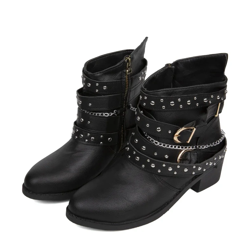 

New 2023 European and American short boots PU square heel round head side zipper British rivet belt buckle women's shoes