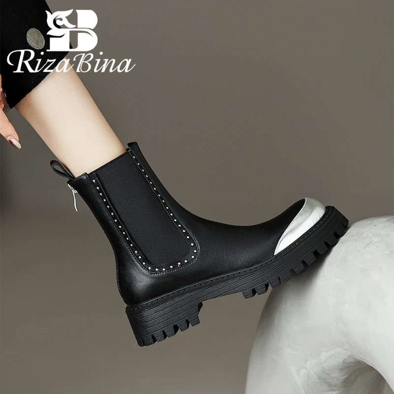 

RIZABINA Genuine Leather Women Ankle Boots Fashion Metal Toe Chunky Heel Chelsea Boots Ladies Zipper Slip On Boots 2023 Winter