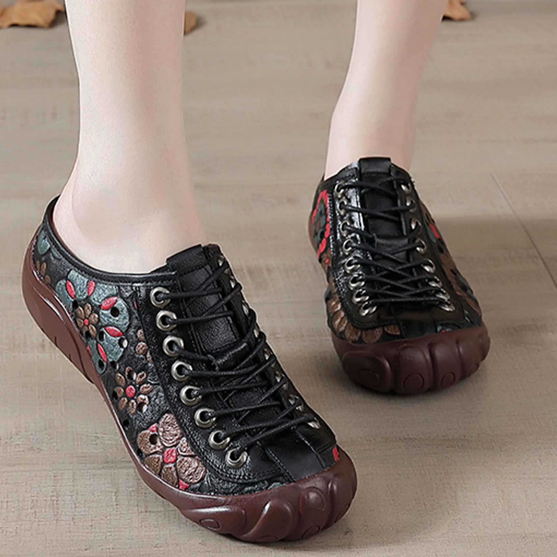 Genuine Leather Flats Women Sneakers Hollow Lace-up Comfy Round Toe 2023 New Summer Concise Leisure Retro Handmade Ladies Shoe