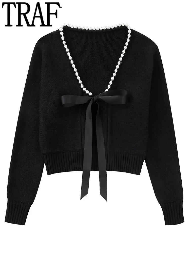 

Женский Укороченный кардиган с бусинами, с длинным рукавом и V-образным вырезом