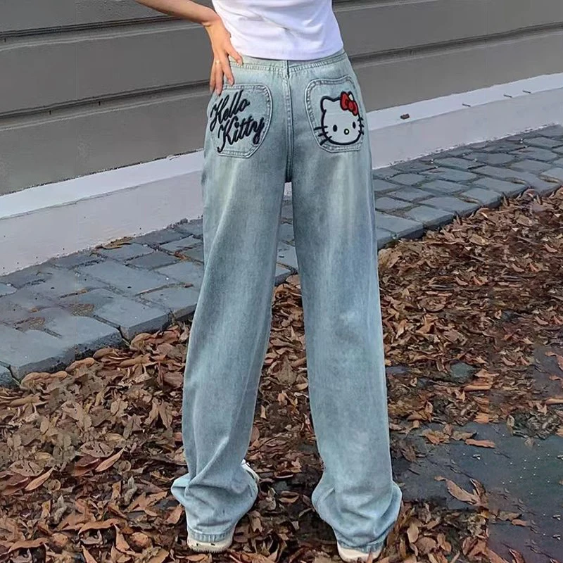 

Kawaii Anime Hello Kitty Sanrios Jeans Cute Girl Straight Leg Wide Leg Pants Y2K Woman Retro High Waisted Pants Christmas Gift