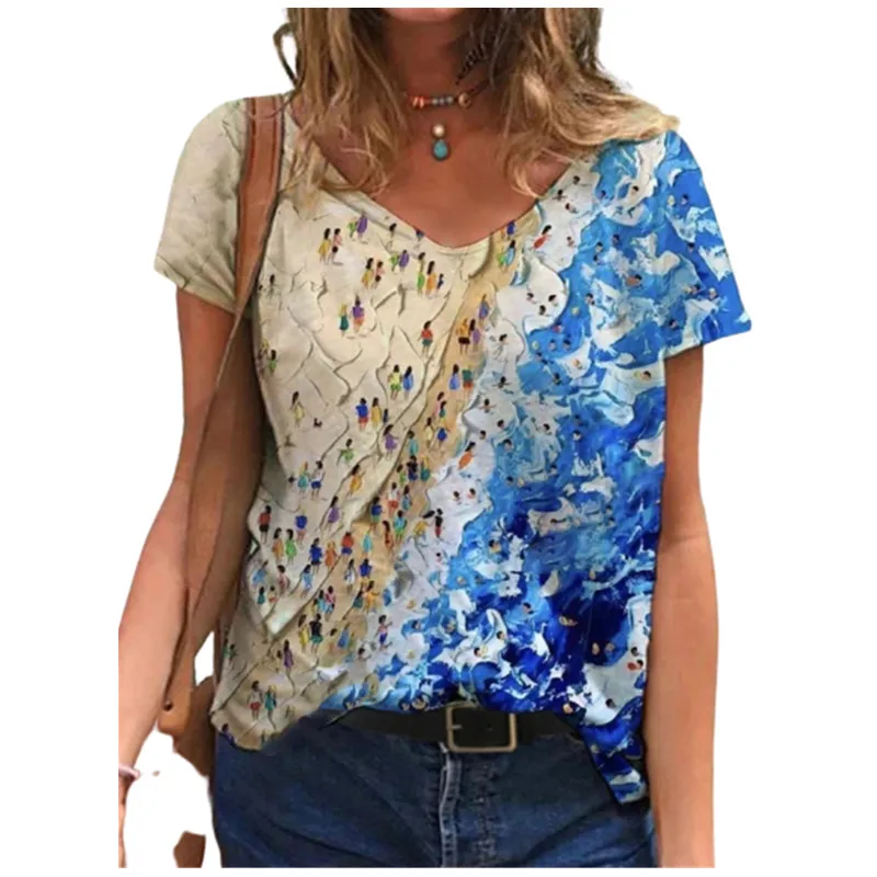 

Women Summer Beach T-shirts Creative Print Plus Size 3XL Casual Loose V-Neck Pullover Tops Female Short Sleeve Tees