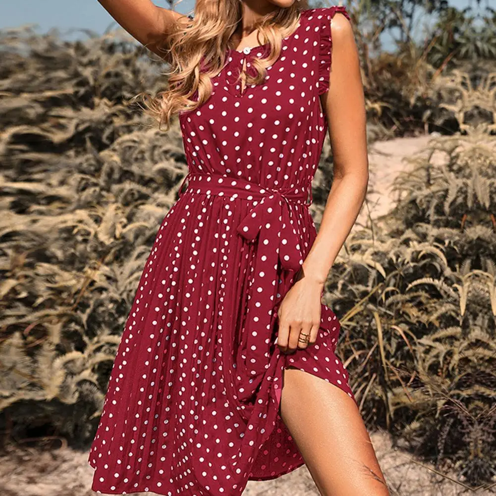 

Front Hollow Stylish Dot Print Belt Pleated Hem Women Dress Sweat Absorbing Elegant Dress High-Waist Female Clothes