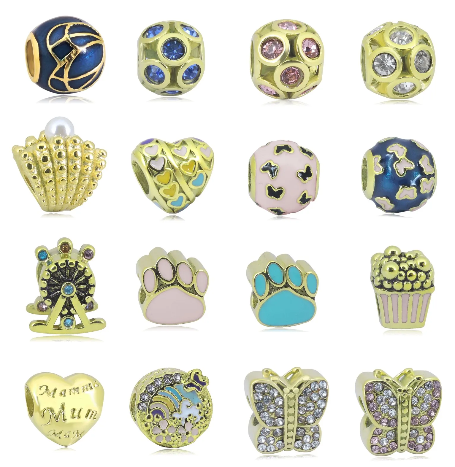 

3 pcs/lot 316L Stainless Steel Pandoraer Charms Beads Love Heart Butterfly Gold Color Pendant No Allergic For Women Jewelry