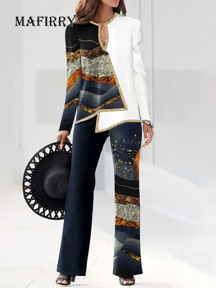 

Elegant Office Women Pants Matching Set Long Sleeve Casual Long Pants Print Two Piece Set 2022 Summer Lady Slim V Neck Outfits