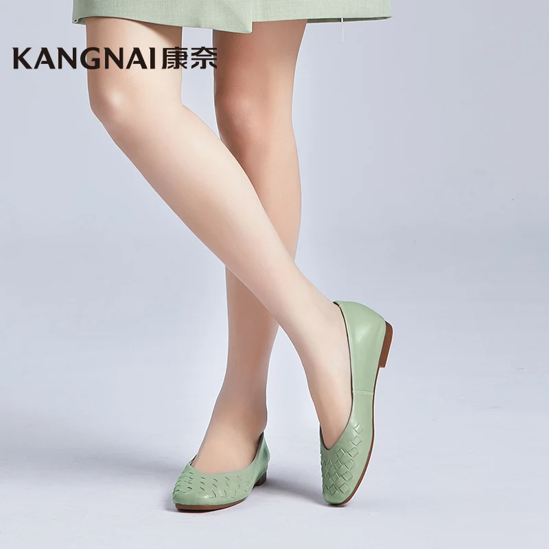 

Kangnai Ballet Shoes Women Genuine Leather Weave Slip-On Fashion Comfortable Square Toe Female Shallow Flats
