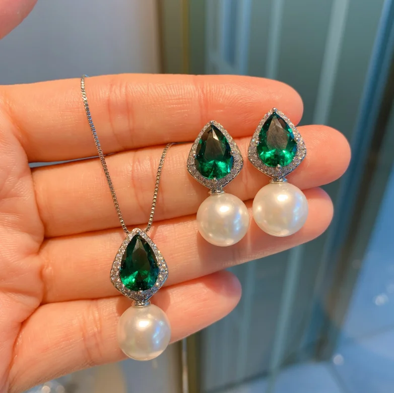 

ANGLANG Luxury Blue Cubic Zirconia Fresh Pearls Jewelry Sets Engagement Necklace Earring Wedding Jewelry for Women Fine Jewelry