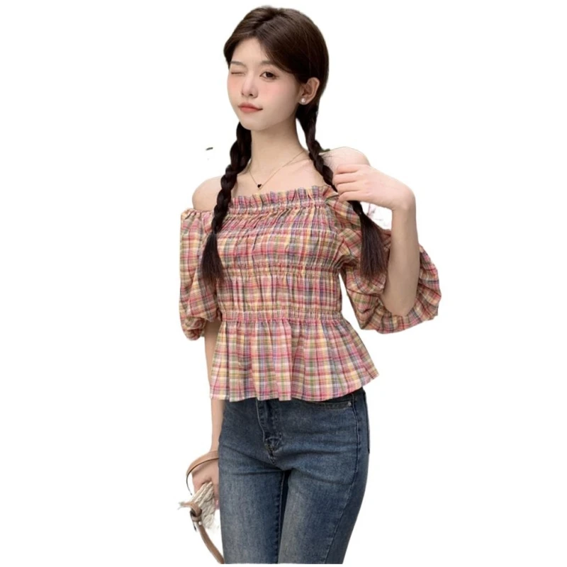 

Sweet Slash Neck Blouse All-Match Ruffles Shirts Female Clothing 2023 Summer New Casual Tops Off the Shoulder Hotsweet Blouse