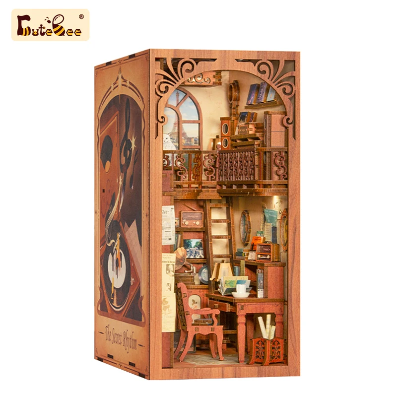 

CUTEBEE Puzzle 3D DIY Book Nook Kit Wooden Bookend with Touch Light Secret Rhythm Music Booknook Building Decoration Model Gift