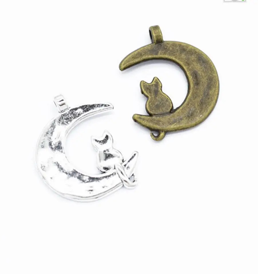 

60pcs Charms Moon Cat 22*18mm Tibetan Bronze Silver Color Pendants Antique Jewelry Making DIY Handmade Craft F0560