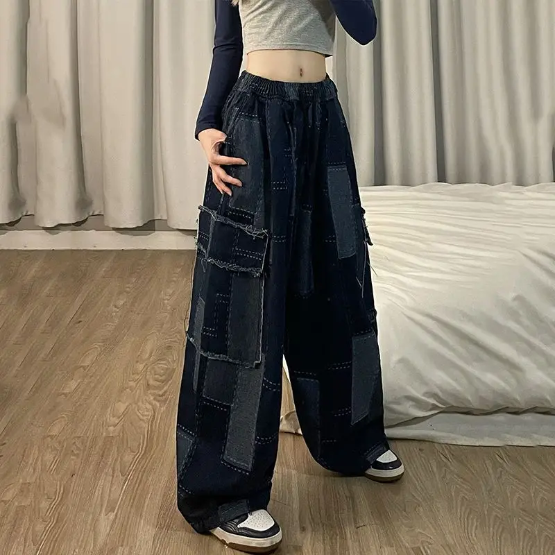 Woman Jeans Japanese Chic Wide Leg Pants Vintage Patchwork Plaid Pocket Trousers Streetwear Y2k Clothes Pantalon 2022 New